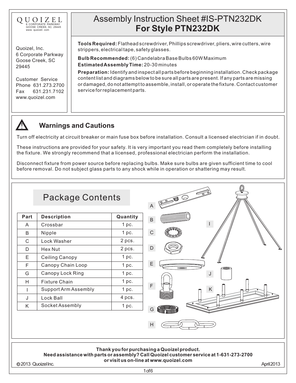 Quoizel PTN232DK Plantation User Manual | 6 pages