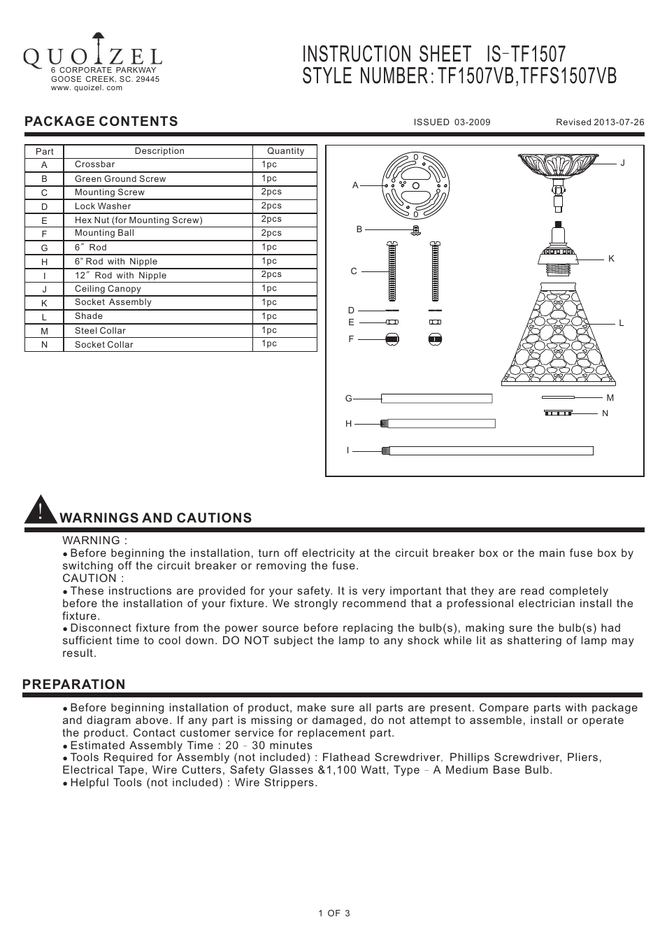 Quoizel TF1507VB Pomez User Manual | 3 pages