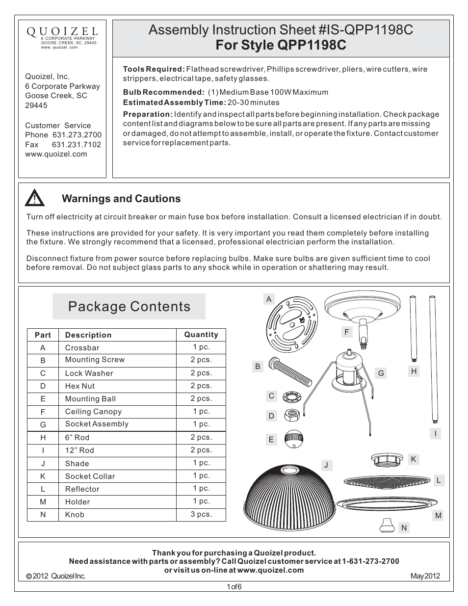 Quoizel QPP1198C Quoizel Piccolo Pendant User Manual | 6 pages