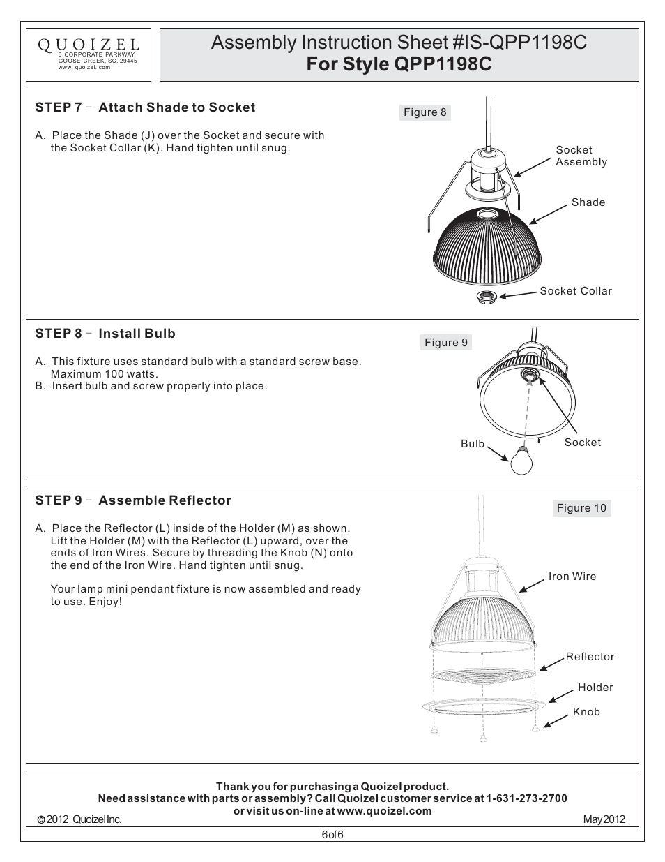 Quoizel QPP1198C Quoizel Piccolo Pendant User Manual | Page 6 / 6