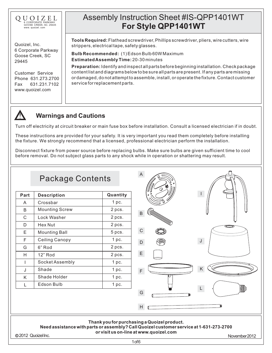 Quoizel QPP1401WT Quoizel Piccolo Pendant User Manual | 6 pages