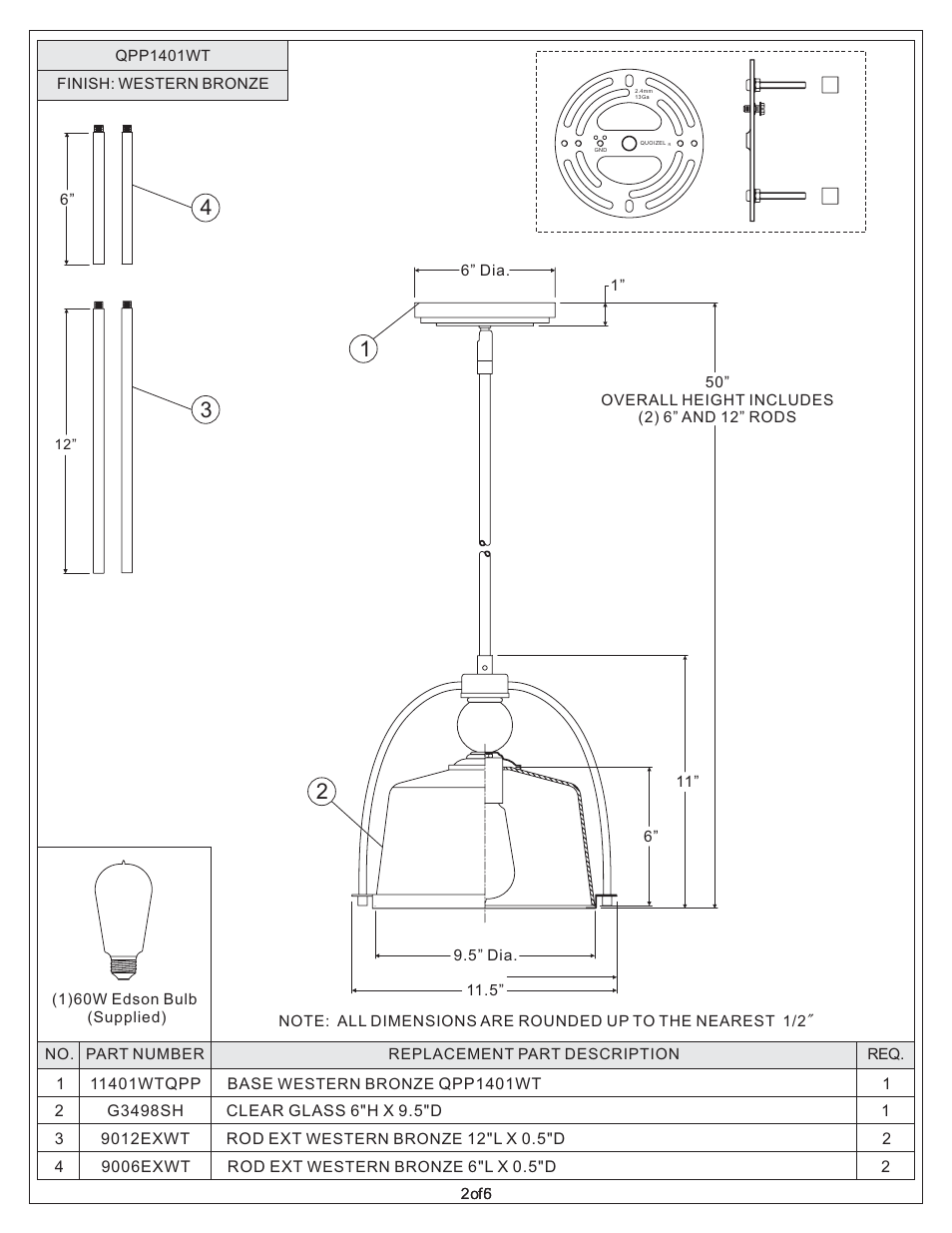 Quoizel QPP1401WT Quoizel Piccolo Pendant User Manual | Page 2 / 6