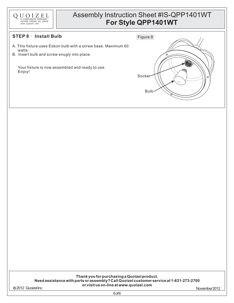 Quoizel QPP1401WT Quoizel Piccolo Pendant User Manual | Page 6 / 6