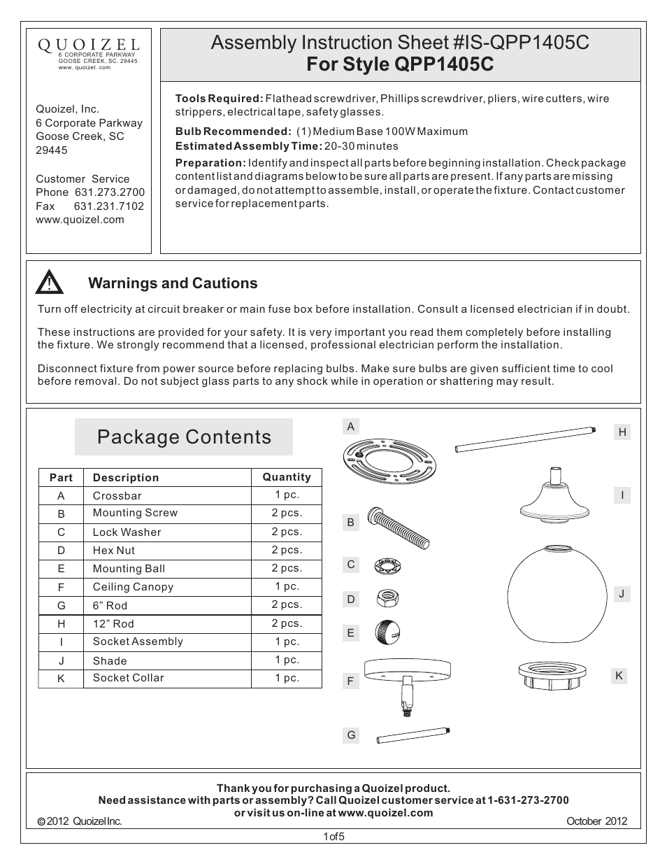 Quoizel QPP1405C Quoizel Piccolo Pendant User Manual | 5 pages