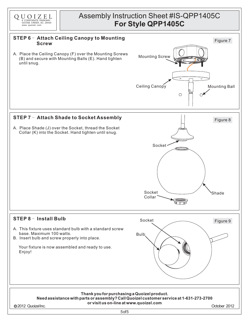 Quoizel QPP1405C Quoizel Piccolo Pendant User Manual | Page 5 / 5