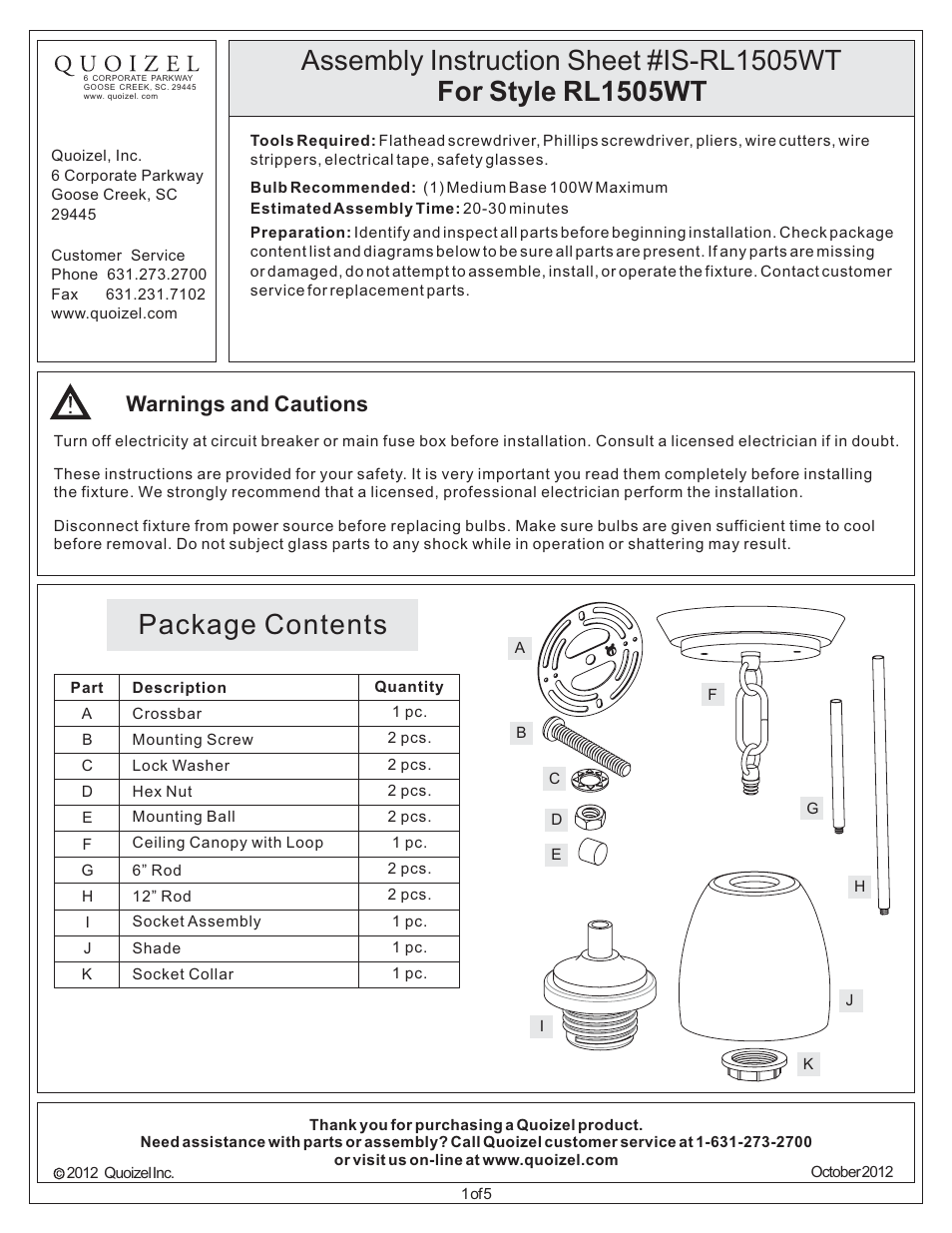 Quoizel RL1505WT Radcliff User Manual | 5 pages