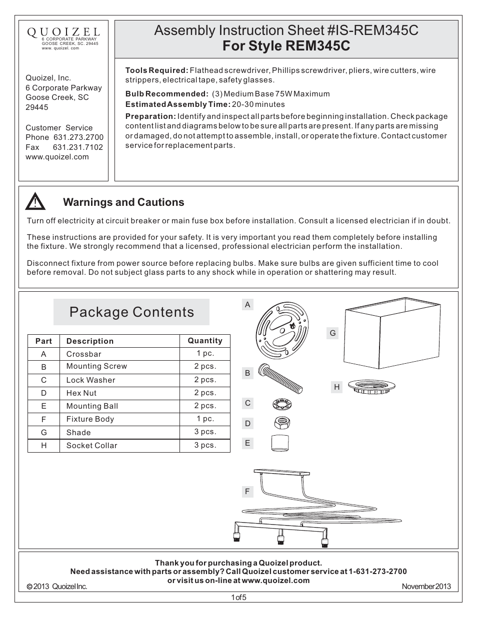 Quoizel REM345C Remi User Manual | 5 pages