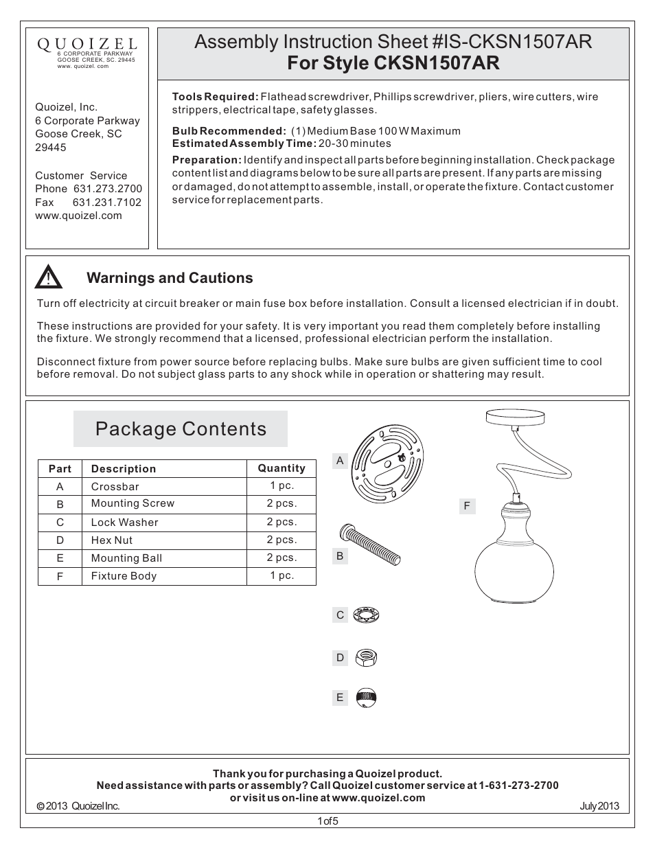 Quoizel CKSN1507AR Sonia User Manual | 5 pages