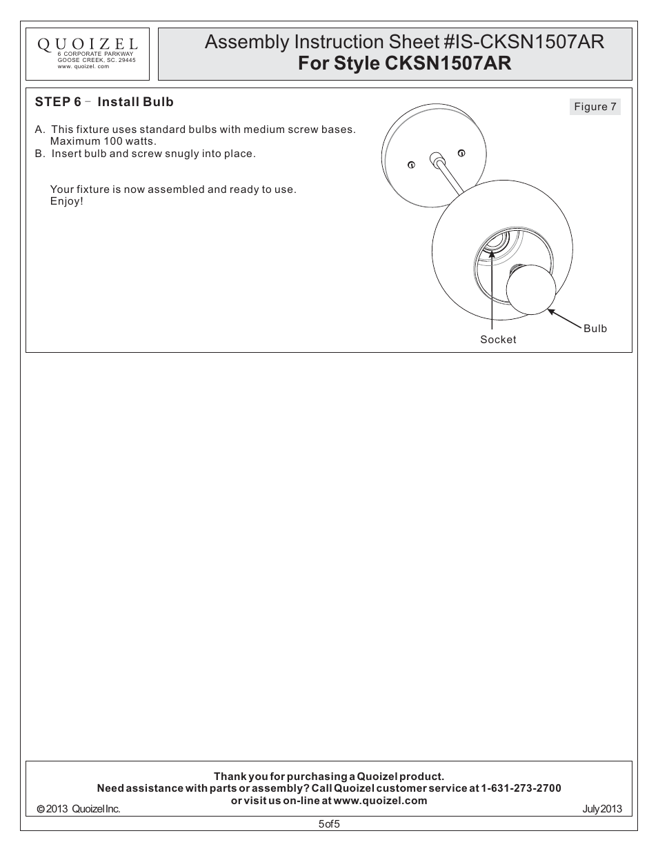 Quoizel CKSN1507AR Sonia User Manual | Page 5 / 5