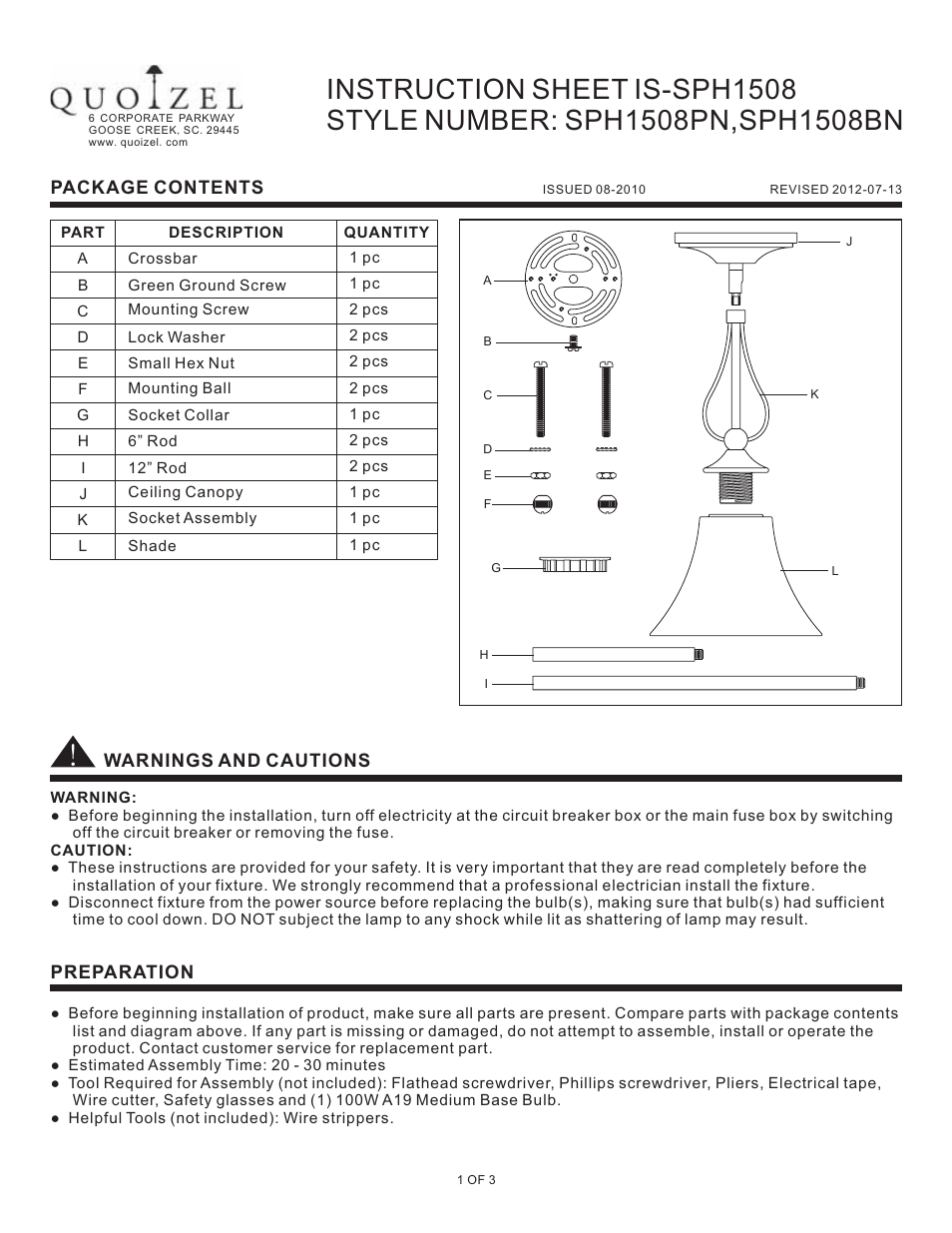 Quoizel SPH1508BN Sophia User Manual | 3 pages