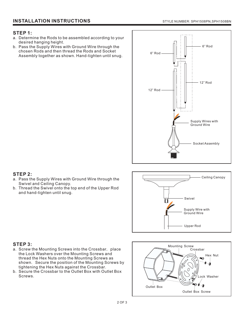 Installation instructions step 1, Step 2, Step 3 | Quoizel SPH1508BN Sophia User Manual | Page 2 / 3