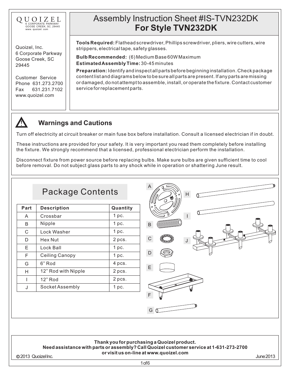 Quoizel TVN232DK Tavern User Manual | 6 pages