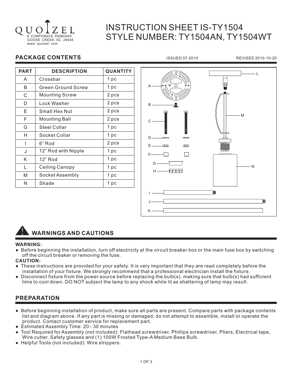 Quoizel TY1504AN Taylor User Manual | 3 pages