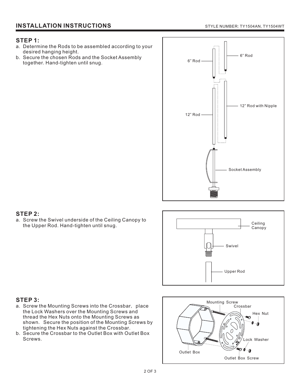 Installation instructions step 1, Step 2, Step 3 | Quoizel TY1504AN Taylor User Manual | Page 2 / 3