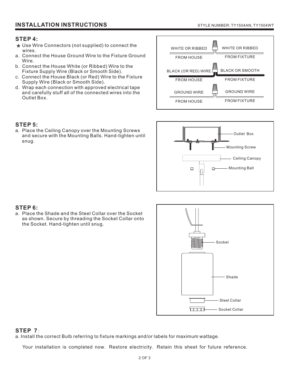 Installation instructions step 5, Step 6, Step 7 | Step 4 | Quoizel TY1504AN Taylor User Manual | Page 3 / 3