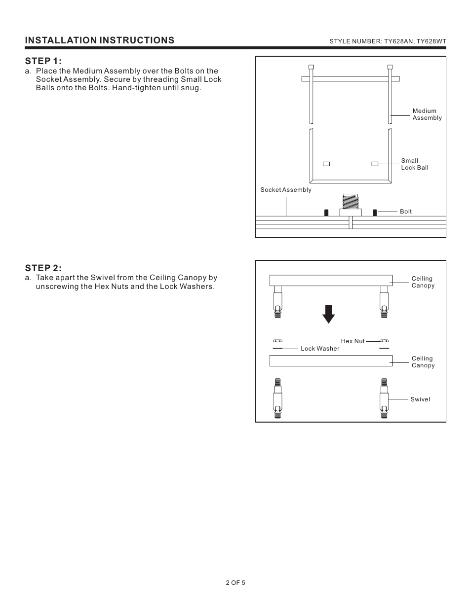 Installation instructions step 1, Step 2 | Quoizel TY628AN Taylor User Manual | Page 2 / 5