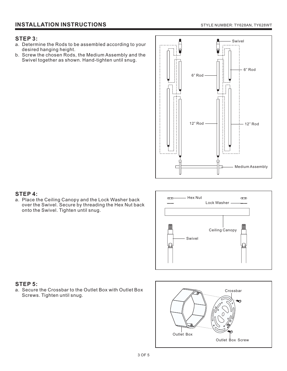 Installation instructions, Step 3, Step 4 | Step 5 | Quoizel TY628AN Taylor User Manual | Page 3 / 5