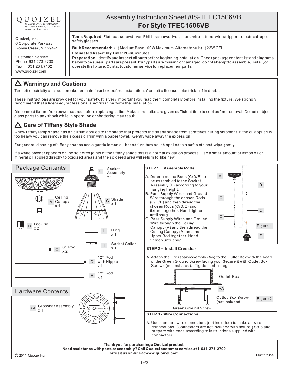 Quoizel TFEC1506VB Tiffany User Manual | 2 pages