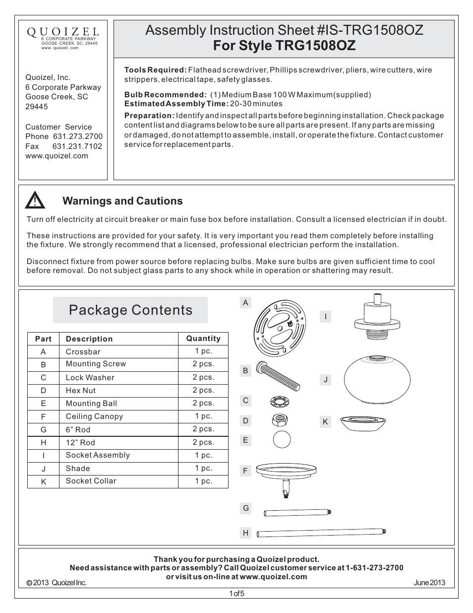 Quoizel TRG1508OZ Trilogy User Manual | 5 pages