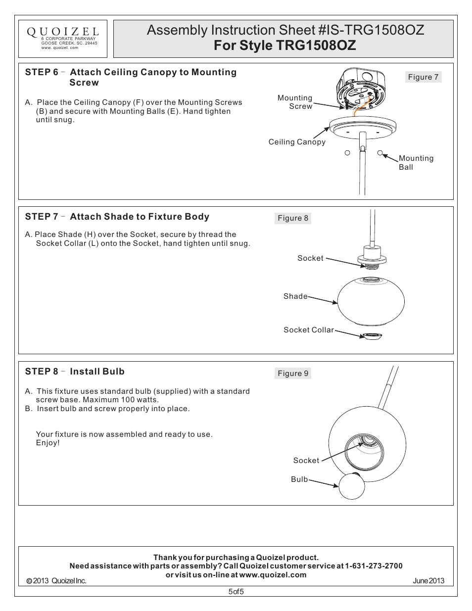 Quoizel TRG1508OZ Trilogy User Manual | Page 5 / 5