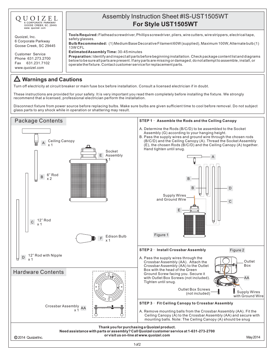 Quoizel UST1505WT Union Station User Manual | 2 pages