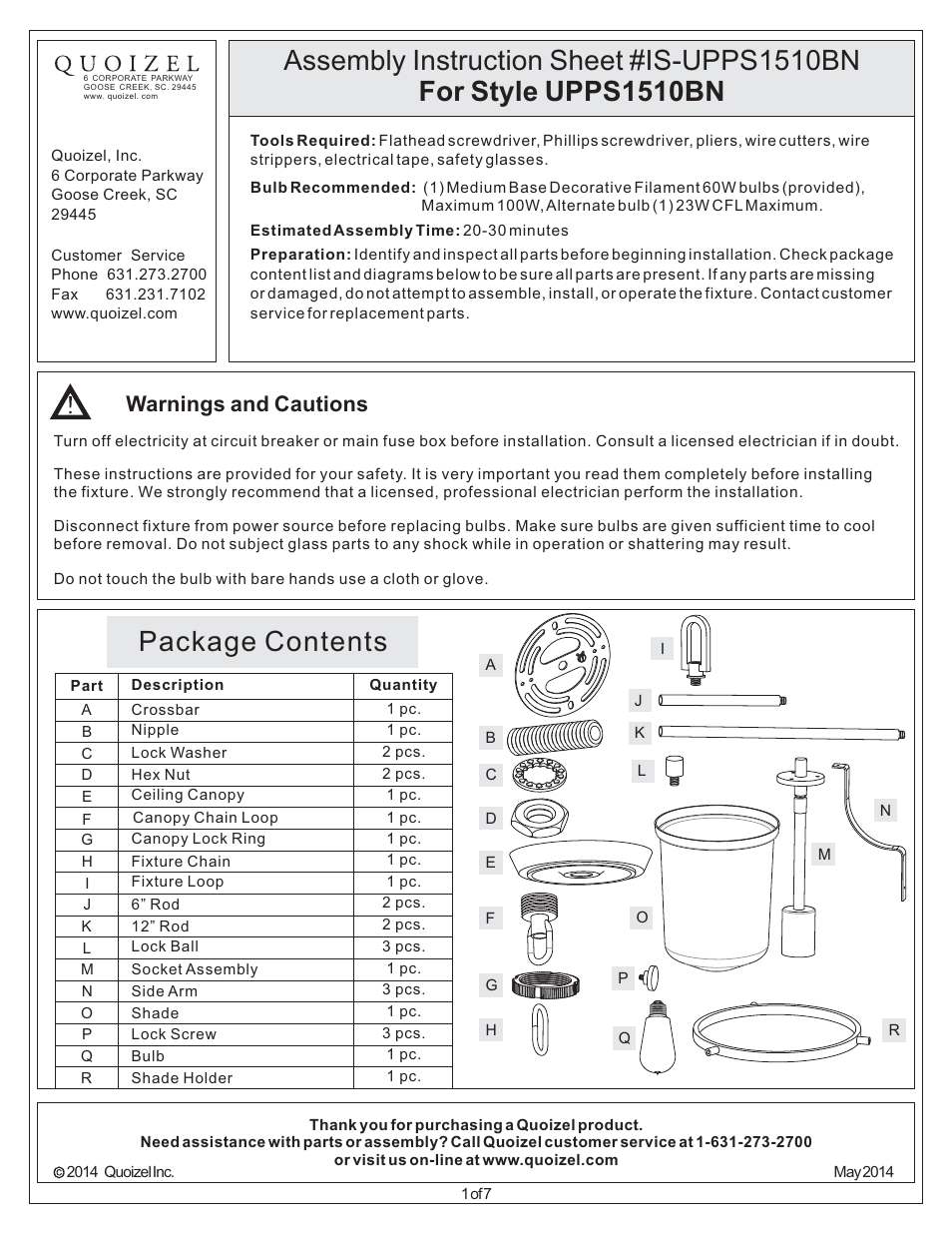 Quoizel UPPS1510BN Uptown Penn Station User Manual | 7 pages