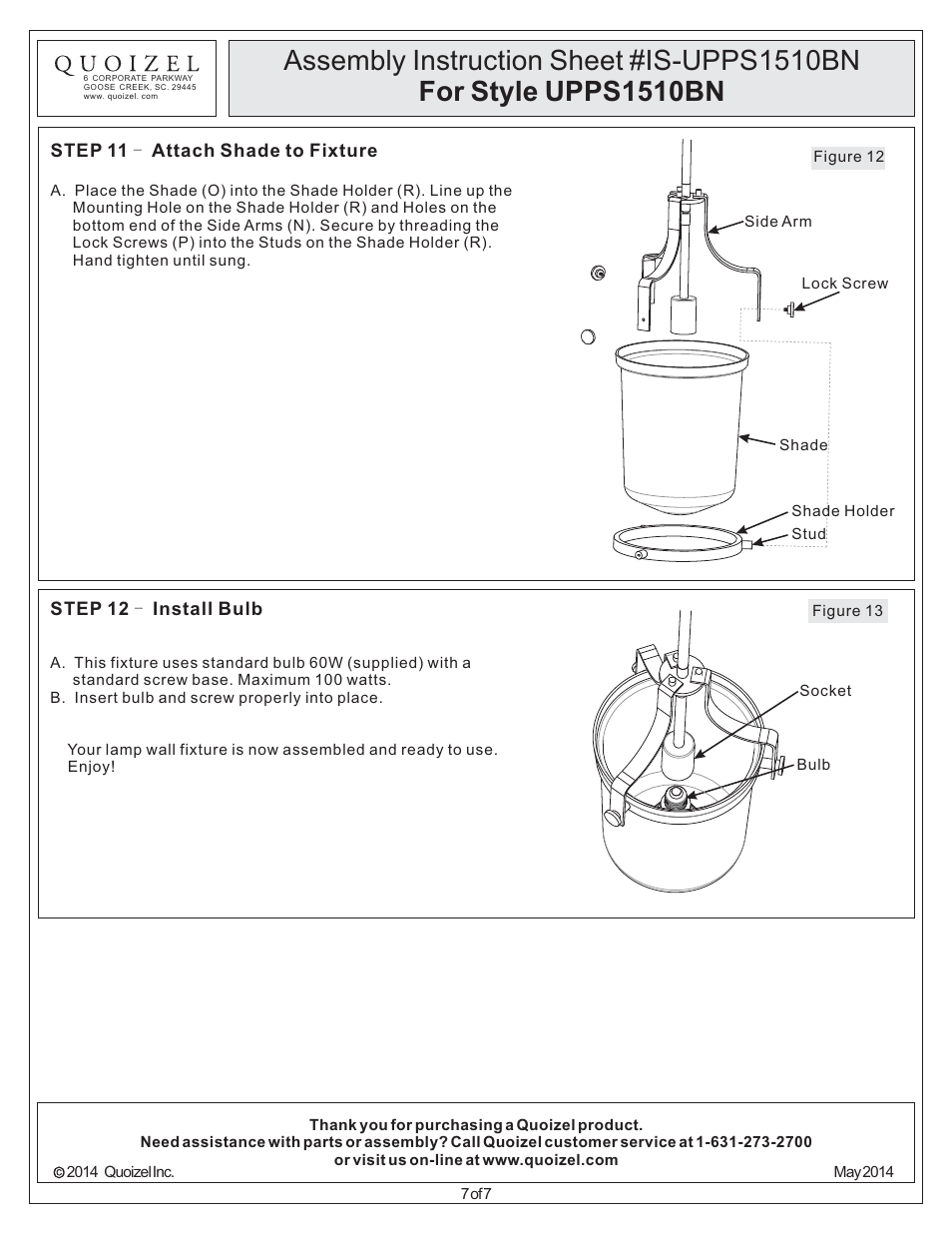 Quoizel UPPS1510BN Uptown Penn Station User Manual | Page 7 / 7