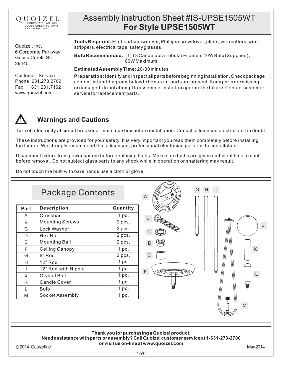 Quoizel UPSE1505WT Uptown Seaport User Manual | 6 pages