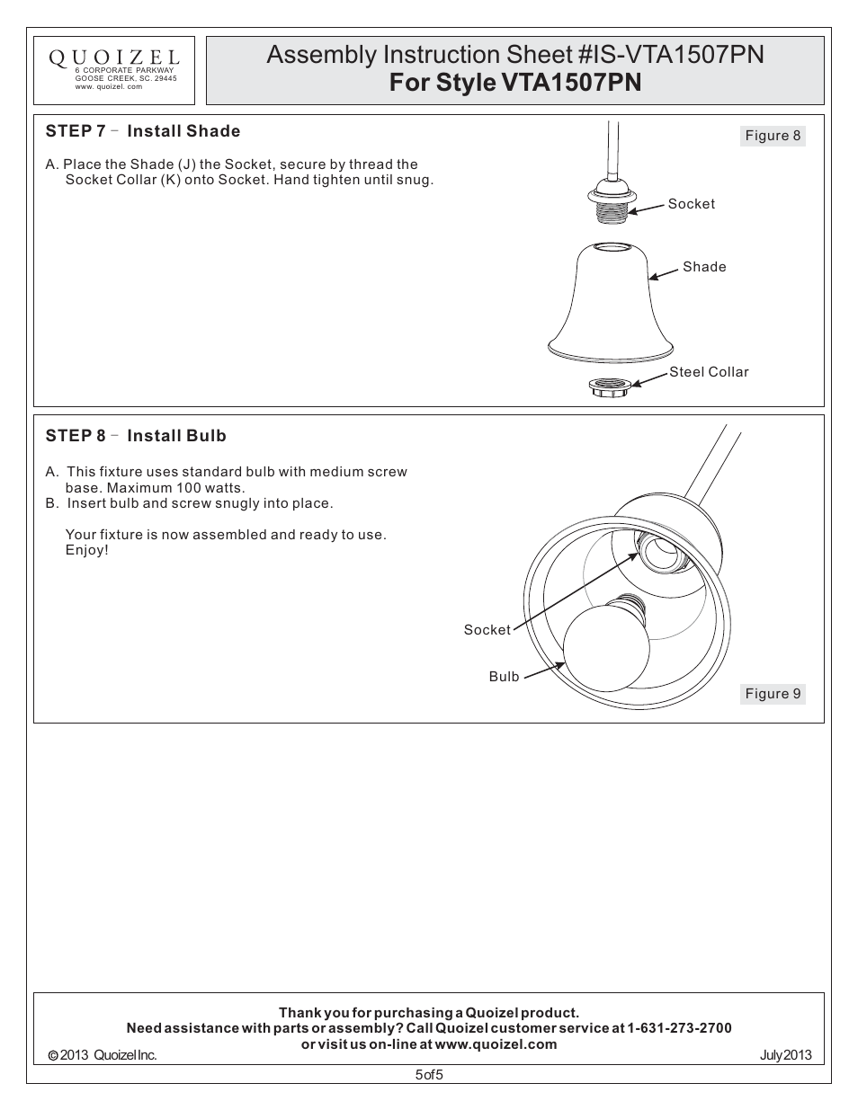 Quoizel VTA1507PN Ventura User Manual | Page 5 / 5