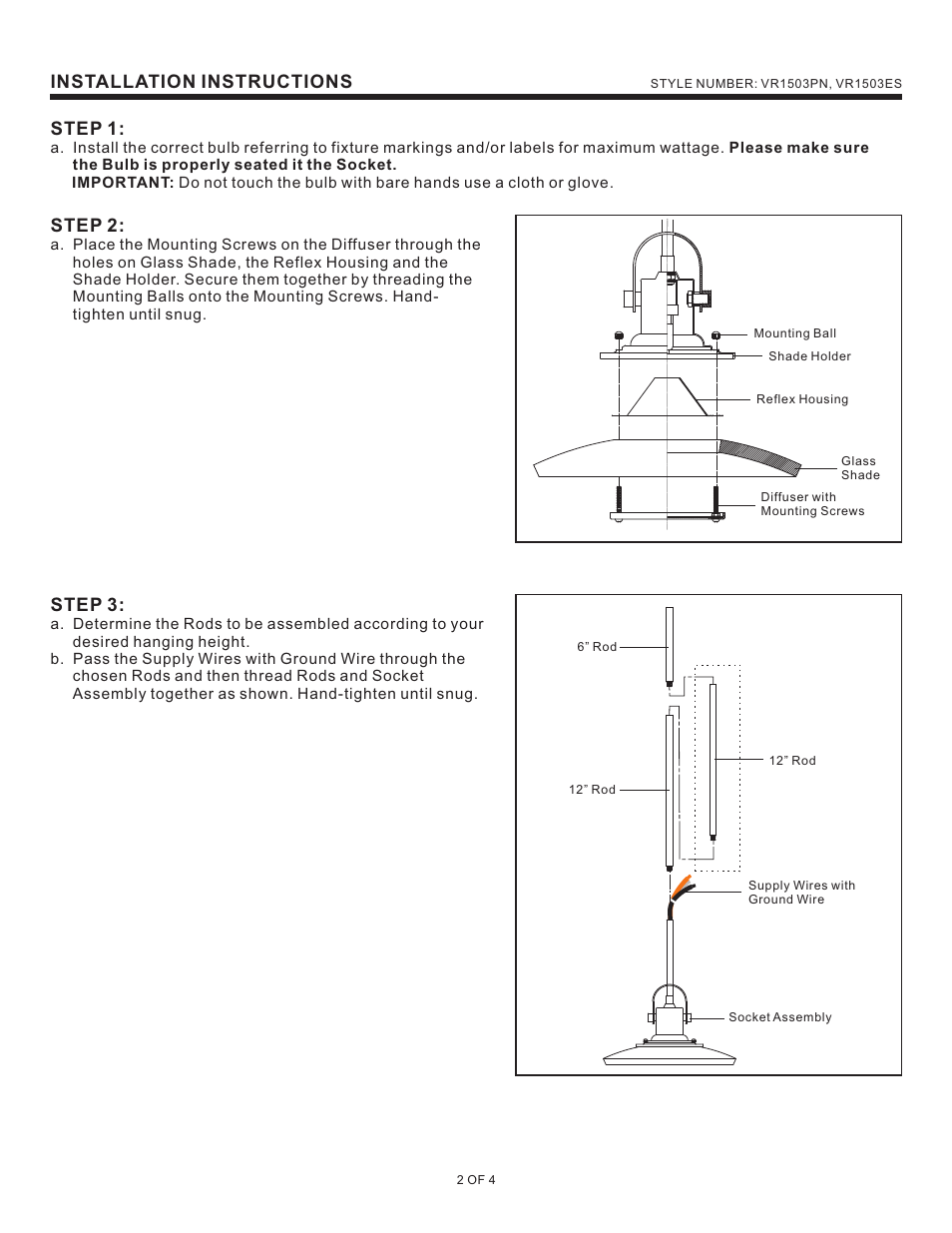 Installation instructions step 2, Step 1, Step 3 | Quoizel VR1503ES Venture User Manual | Page 2 / 4