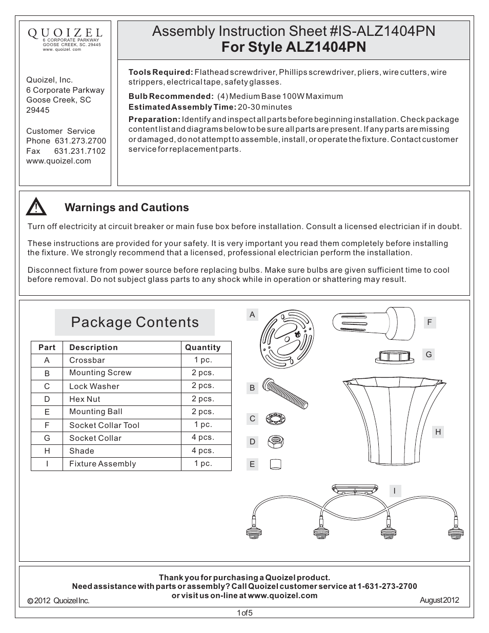 Quoizel ALZ1404PN Aliza User Manual | 5 pages