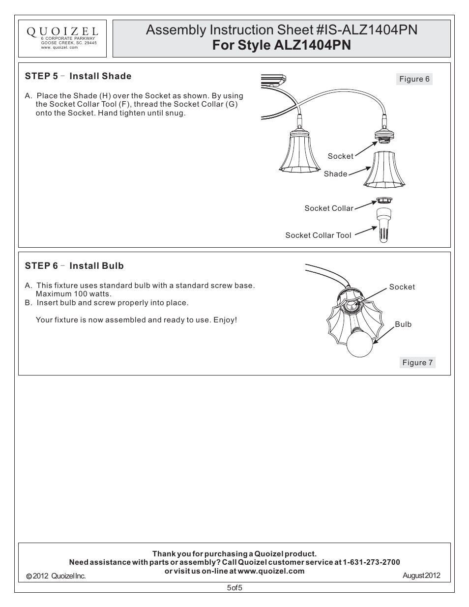 Quoizel ALZ1404PN Aliza User Manual | Page 5 / 5