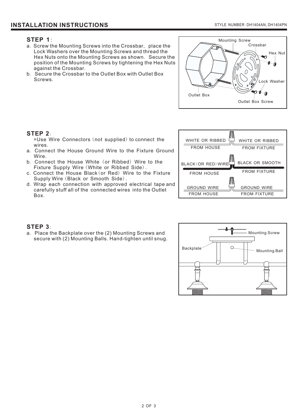 Installation instructions, Step 1, Step 2 | Step 3 | Quoizel DH1404AN Duchess User Manual | Page 2 / 3