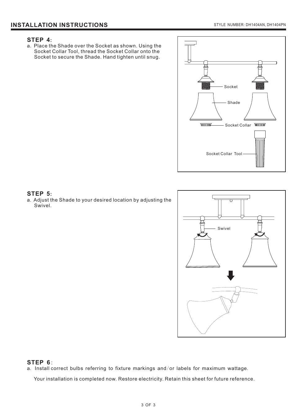 Installation instructions, Step 4, Step 5 | Step 6 | Quoizel DH1404AN Duchess User Manual | Page 3 / 3