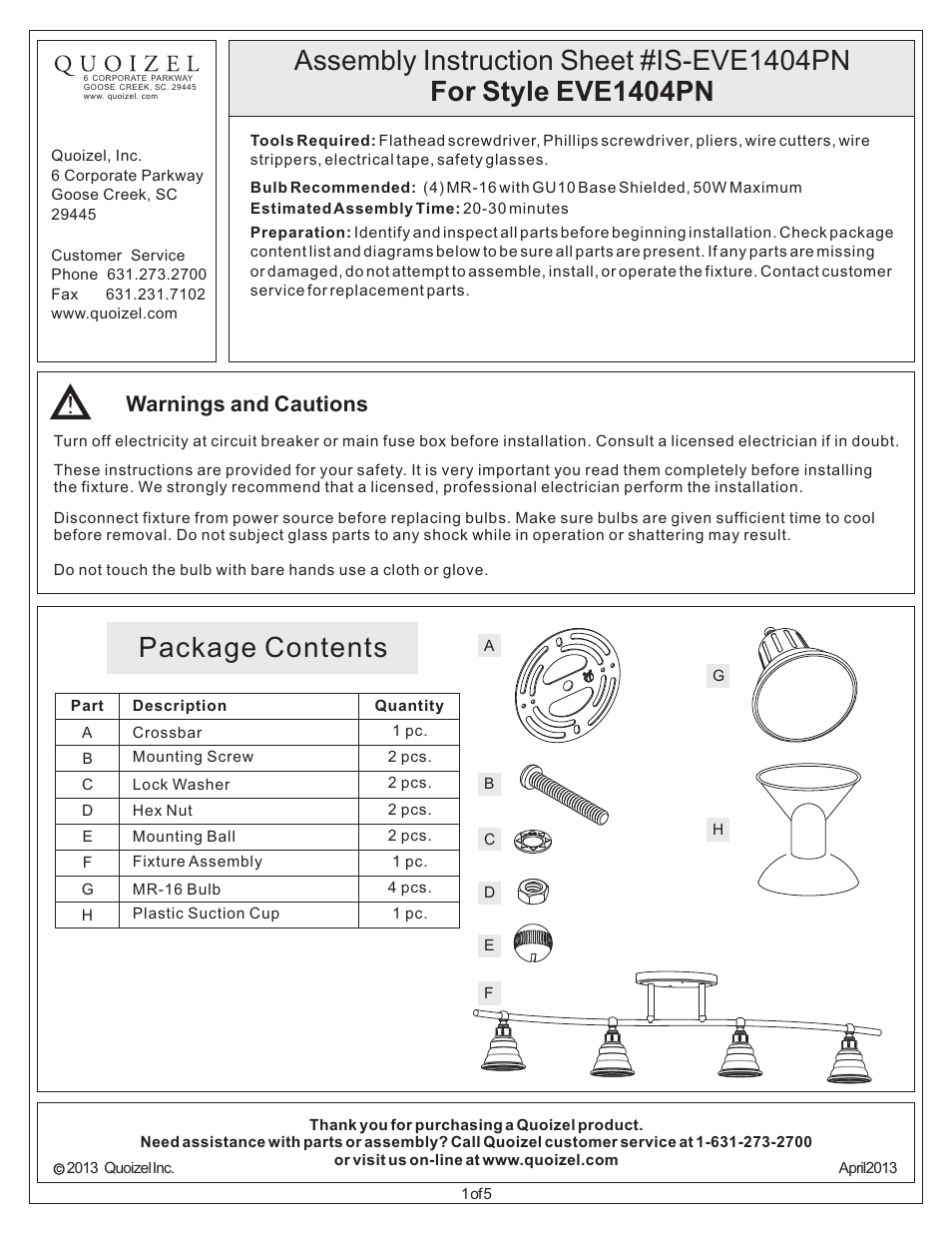 Quoizel EVE1404PN Eastvale User Manual | 5 pages