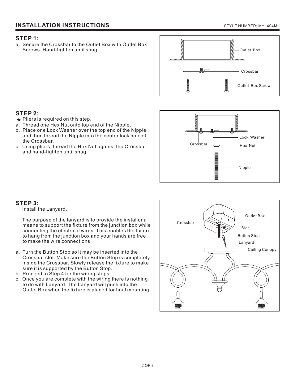 Installation instructions step 1, Step 2, Step 3 | Quoizel MY1404ML Monterey Mosaic User Manual | Page 2 / 3