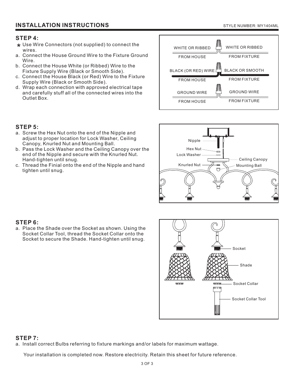 Installation instructions, Step 4, Step 5 | Step 6, Step 7 | Quoizel MY1404ML Monterey Mosaic User Manual | Page 3 / 3