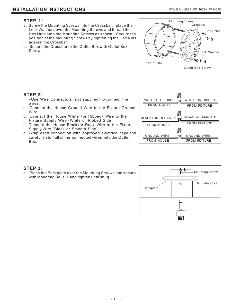 Installation instructions, Step 1, Step 2 | Step 3 | Quoizel PF1405C Pacifica User Manual | Page 2 / 3