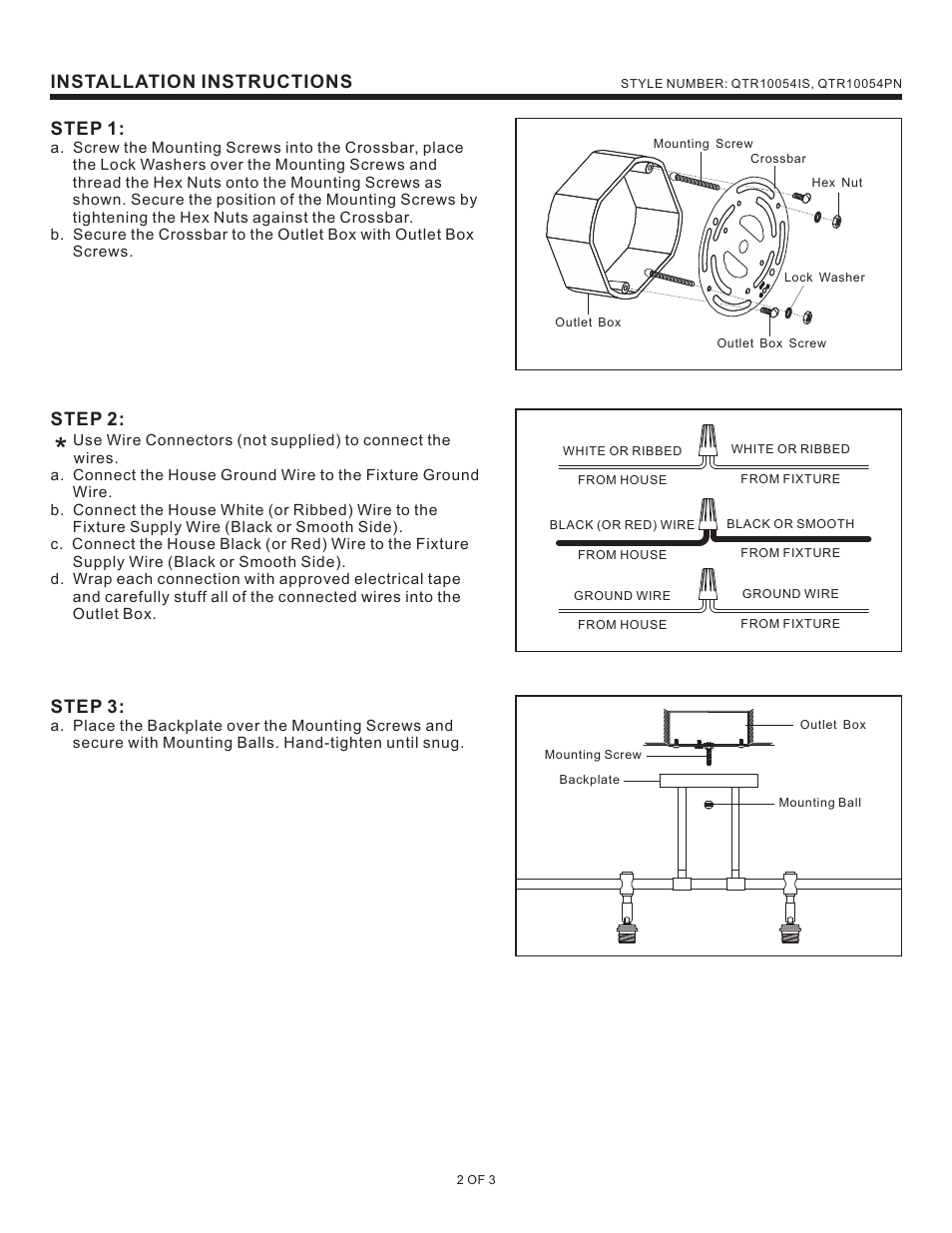 Installation instructions, Step 1, Step 2 | Step 3 | Quoizel QTR10054IS Quoizel Track Lights User Manual | Page 2 / 3