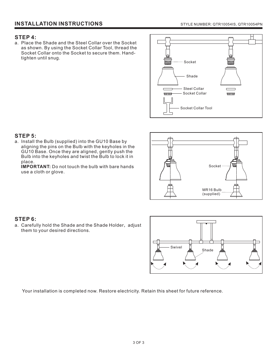 Installation instructions step 4, Step 5, Step 6 | Quoizel QTR10054IS Quoizel Track Lights User Manual | Page 3 / 3
