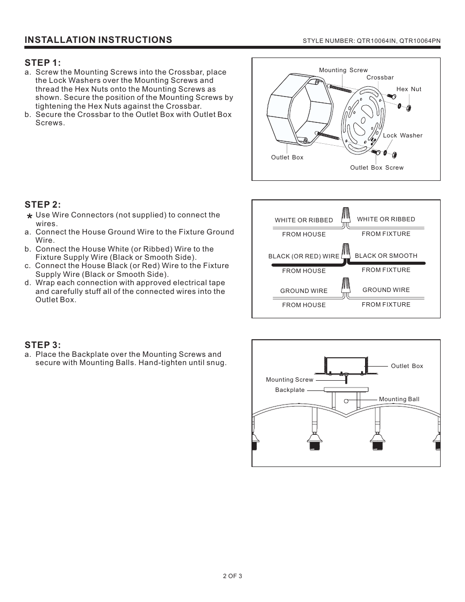 Installation instructions, Step 1, Step 2 | Step 3 | Quoizel QTR10064PN Quoizel Track Lights User Manual | Page 2 / 3