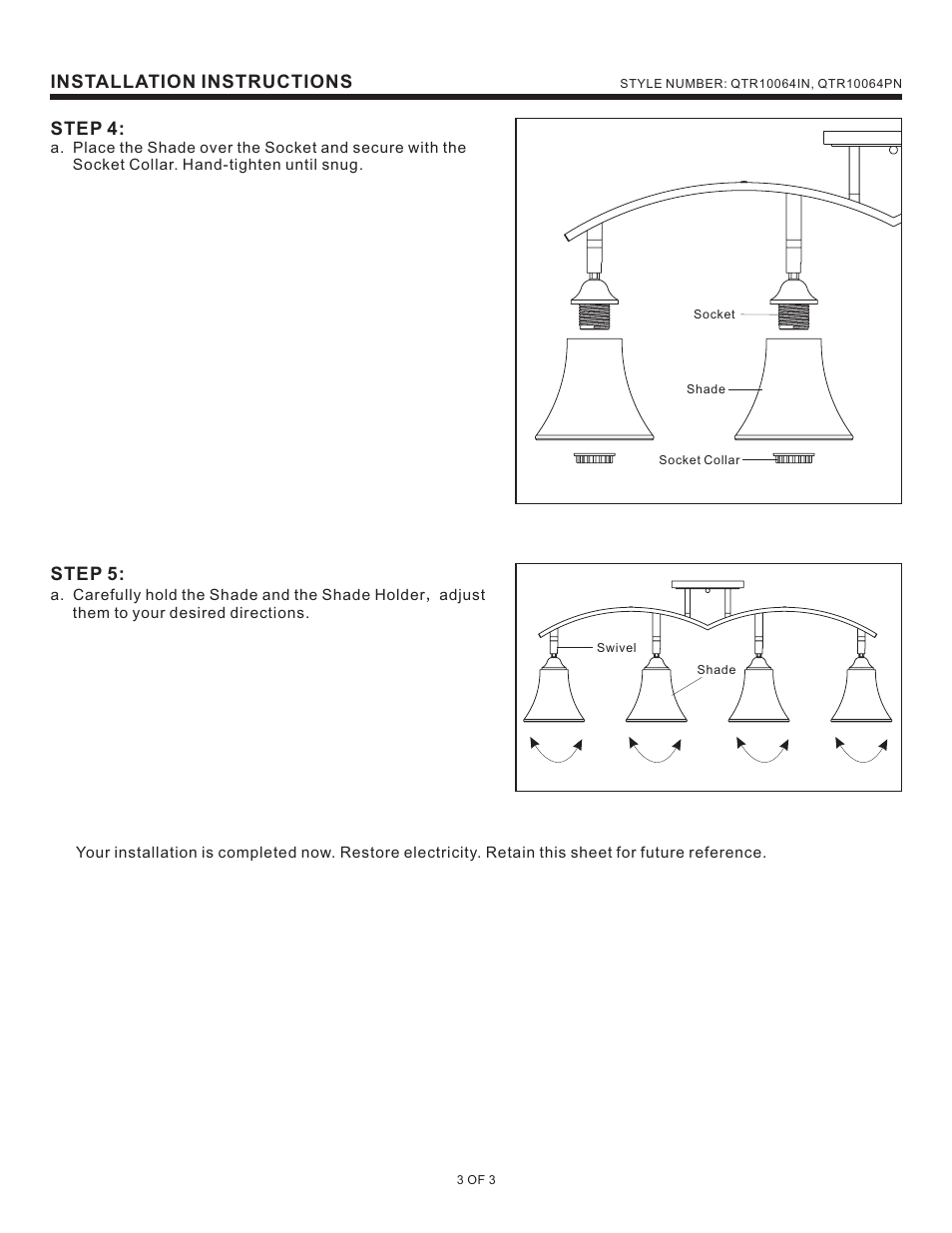 Installation instructions step 4, Step 5 | Quoizel QTR10064PN Quoizel Track Lights User Manual | Page 3 / 3