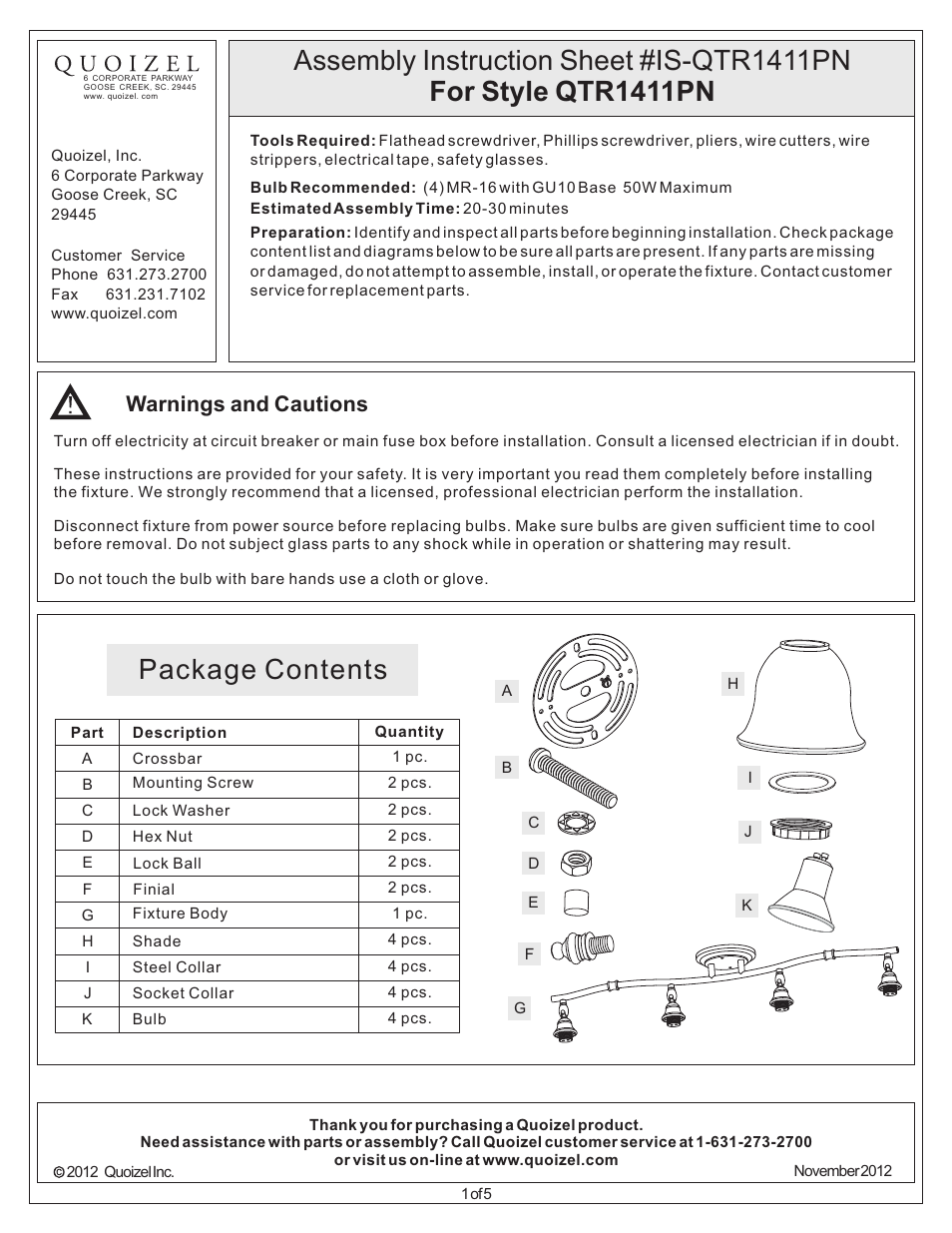 Quoizel QTR1411PN Quoizel Track Lights User Manual | 5 pages