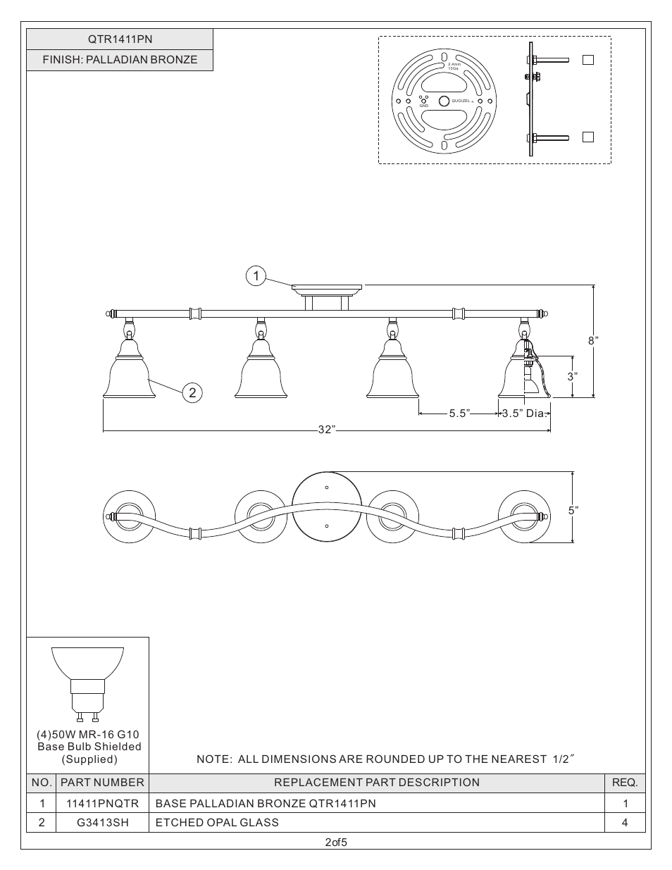 Quoizel QTR1411PN Quoizel Track Lights User Manual | Page 2 / 5