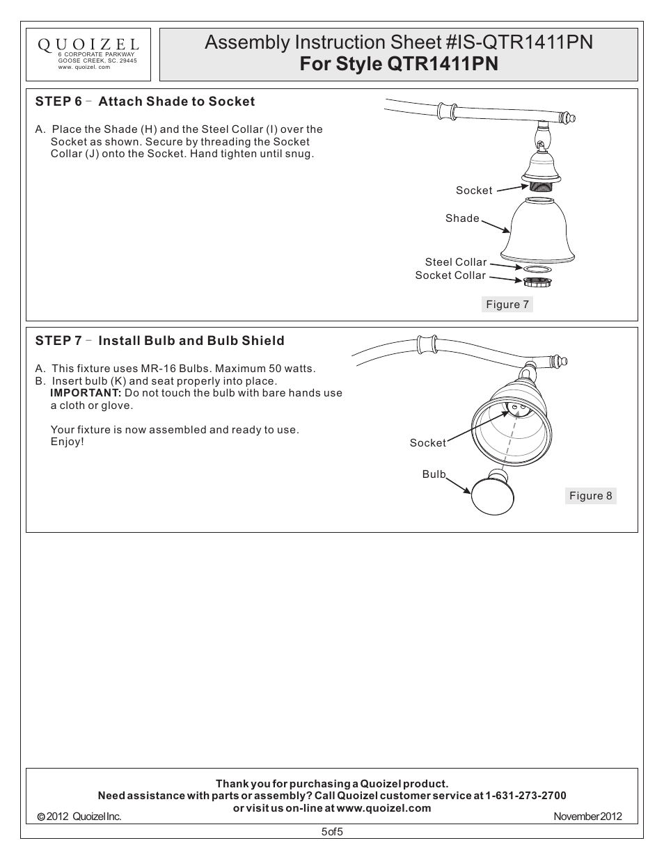 Quoizel QTR1411PN Quoizel Track Lights User Manual | Page 5 / 5