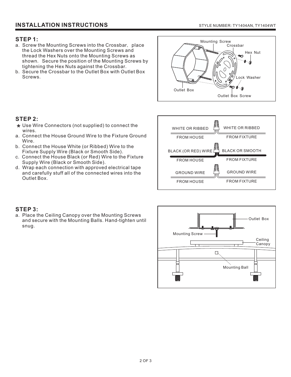 Installation instructions step 1, Step 2, Step 3 | Quoizel TY1404AN Taylor User Manual | Page 2 / 3