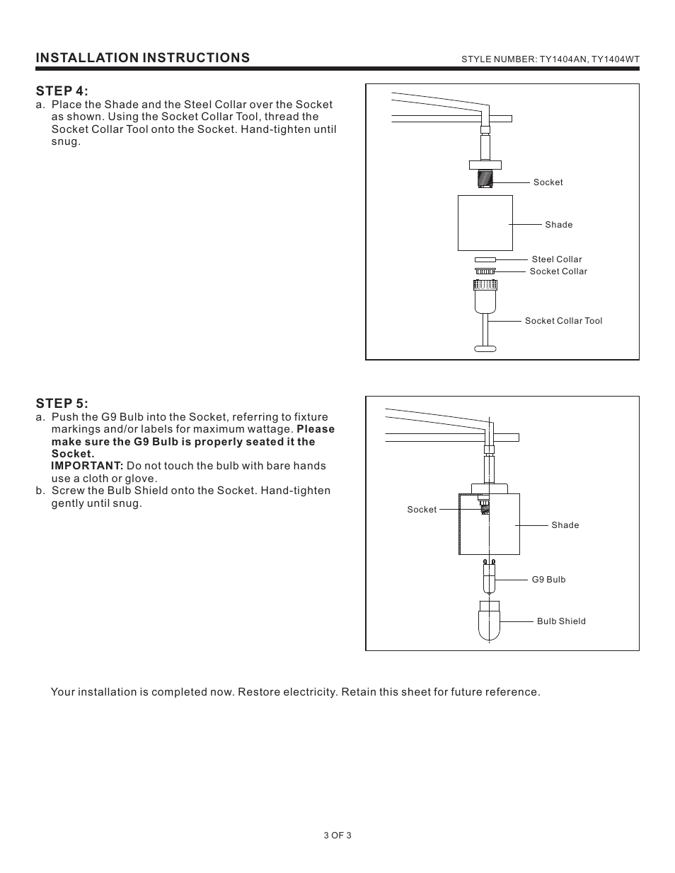 Installation instructions, Step 4, Step 5 | Quoizel TY1404AN Taylor User Manual | Page 3 / 3