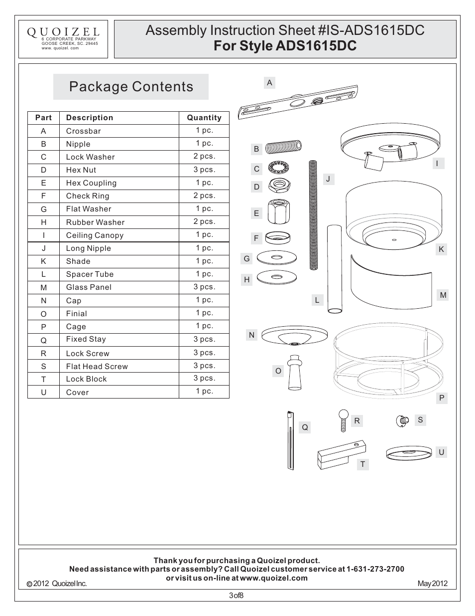 Package contents | Quoizel ADS1615DC Adonis User Manual | Page 3 / 8