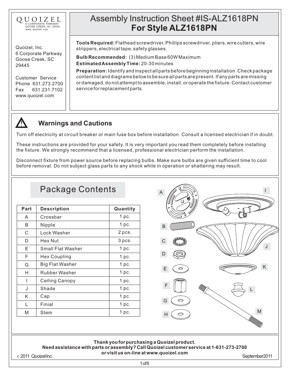 Quoizel ALZ1618PN Aliza User Manual | 6 pages