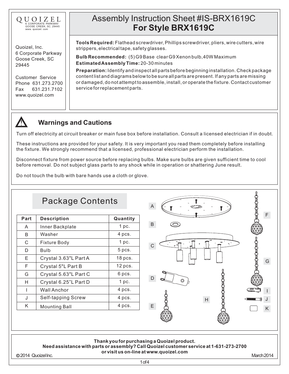 Quoizel BRX1619C Bordeaux User Manual | 4 pages